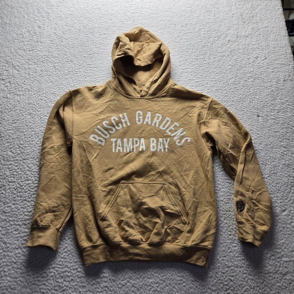 Busch Gardens Hoodie Mens Small Brown Fleece Pullover Tampa Bay Graphic Tiger